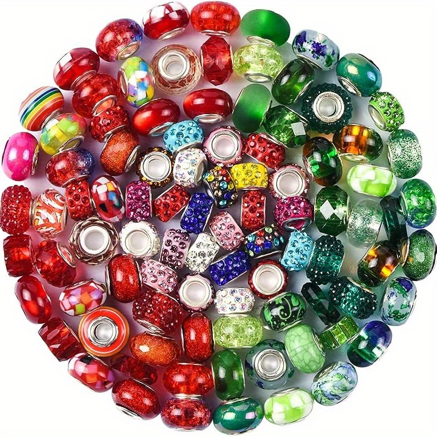 TEMU 100pcs Perles à trous larges mélangées vertes et rouges avec d'artisanat pour la fabrication de bijoux de bracelets charmants