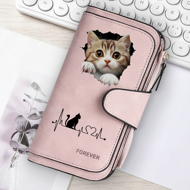TEMU 2d Cute Cat Heart-shaped Wallet For Women, Retro Large Capacity Long Wallet, Multi-card Slot Zipper Clutch Purse, Holder Money Clip
