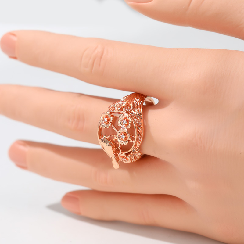 Women's Elegant Flower & Bird Pattern Carved Ring, Handmade Copper