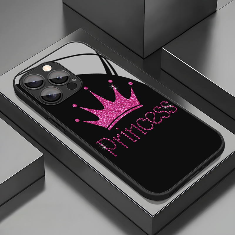 TEMU Phone Case: Glitter Princess Crown Pattern Tempered Glass Phone Case For Iphone 16/16 Pro/16 Pro Max/16 Plus/ Plus/15 Pro/15 Pro Max, 14/14