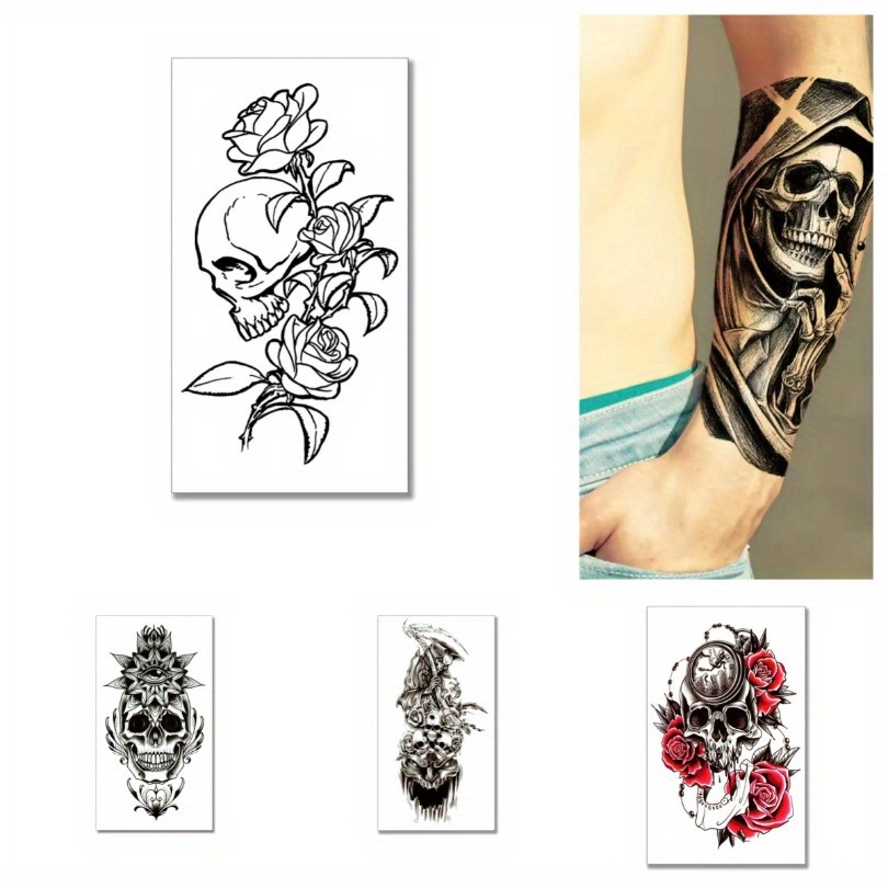 5pcs Gothic Punk Body Decoration Stickers - Realistic Skull, Long-Lasting Waterproof Tattoos for, Arms, Legs - Edgy Gothic Makeup & Costume Party Accessories (Black & White), Alternative Fashion, Intricate Line Art, Highquality Decals, Alternative Lifestyle