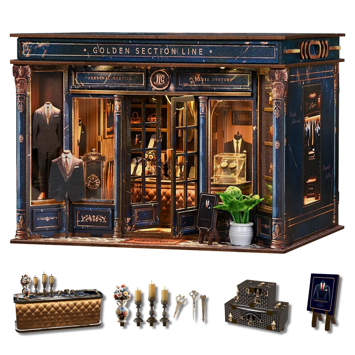 TEMU Kit de maison de poupée miniature avec lumière LED, kit de coin de lecture de livre de puzzle en bois 3D, kit de modèle de boutique de tailleur
