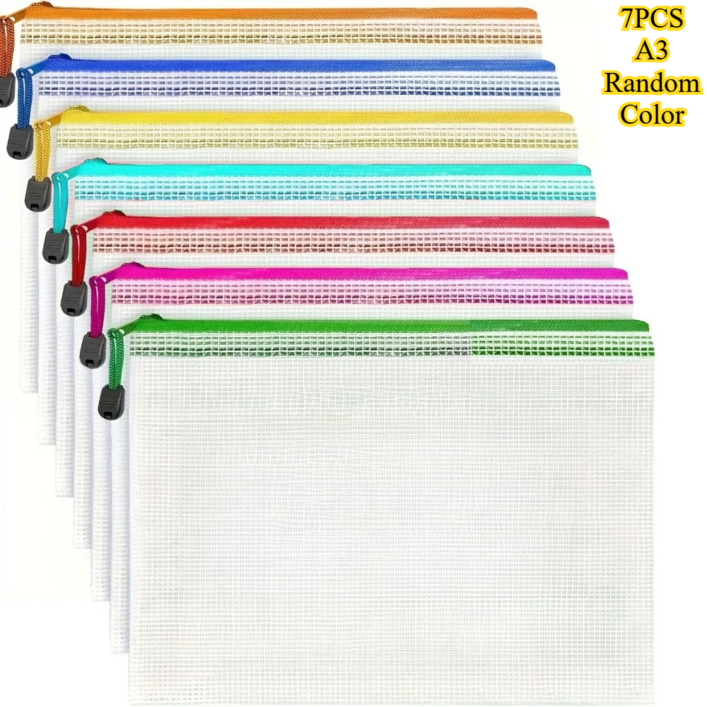 TEMU 7pcs Random Color A3 Extra Large Transparent Mesh Zipper Pouches, 42×30.5cm Size, Equipped With Reinforced Zippers, Multipurpose Storage For