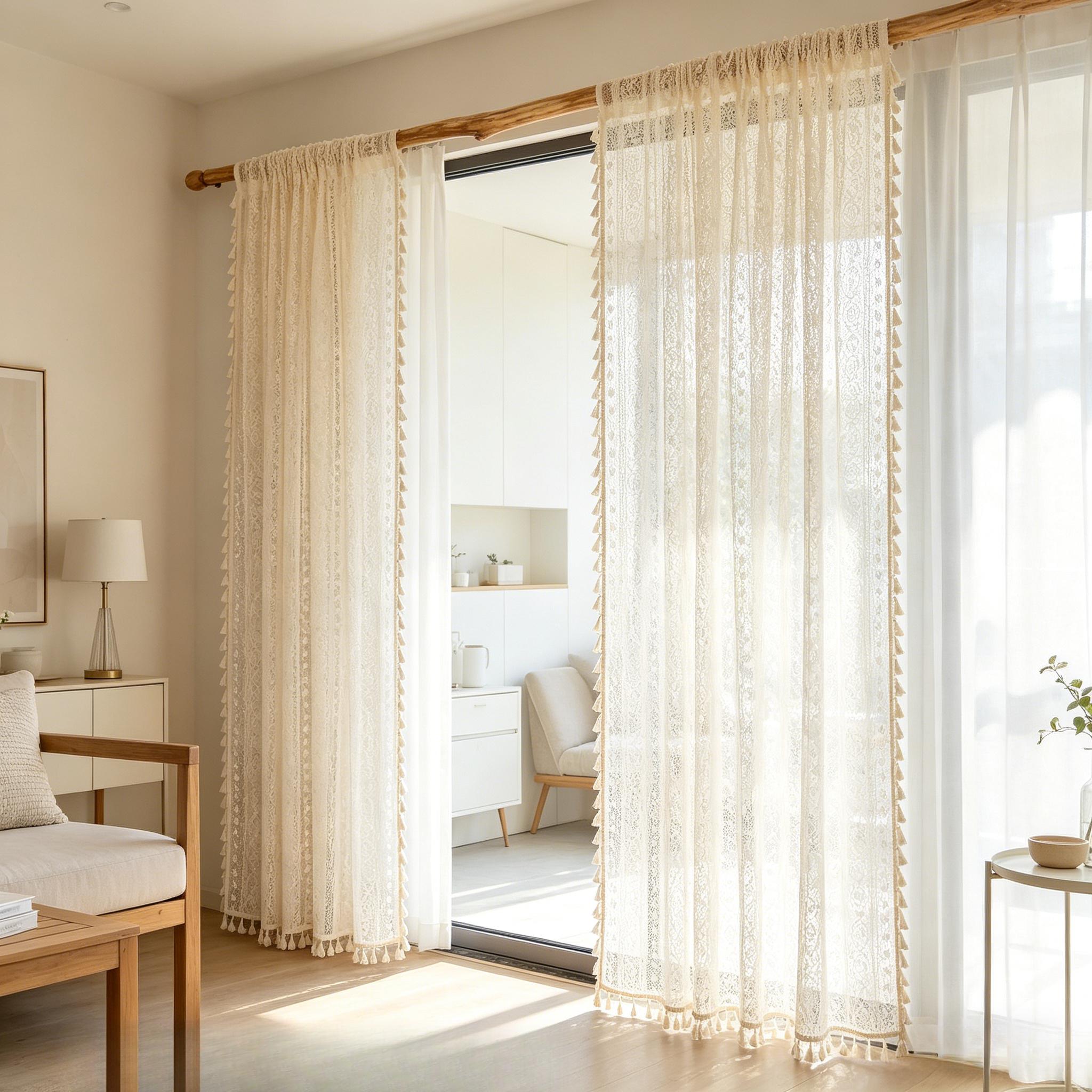 TEMU 2pcs Outdoor Courtyard Lace Hollow Sheer Curtains, Balcony Vintage Tassel Partition Curtains, Garden Sunshade Translucent Lace Door Curtains,