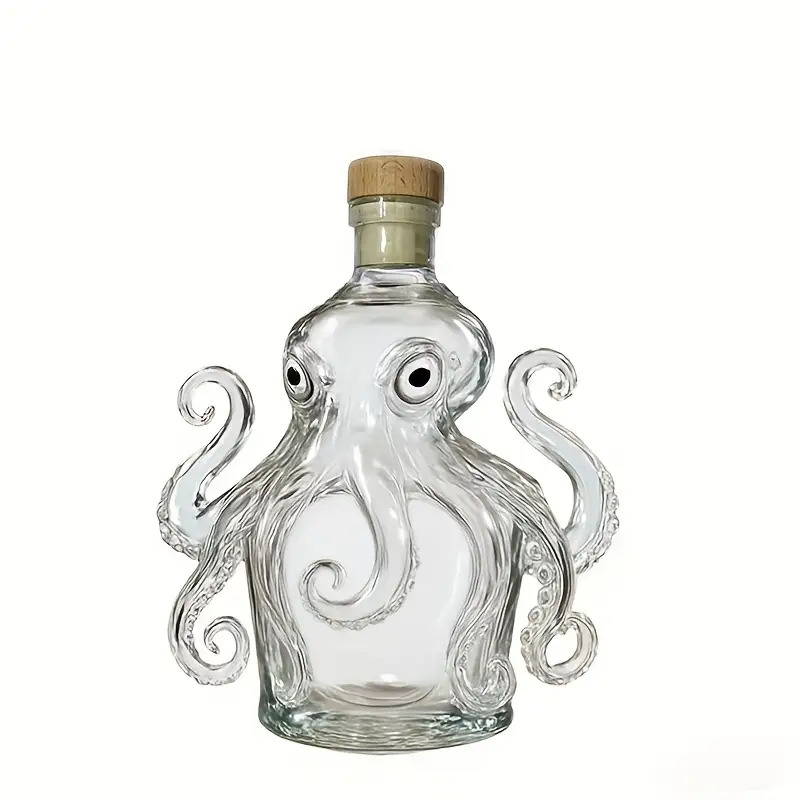 TEMU 1pc Octopus-shaped Grape And Whiskey With Reusable Glass Cup - 300ml Elegant Squid Design With Tentacle Stopper, Transparent Glass Mini Portable