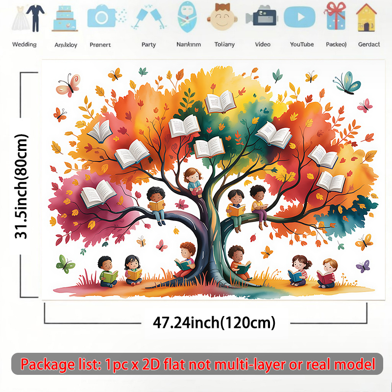 TEMU 2d Flat, 2d Flat Banner 1pc, Children Reading Books On A Tree Suitable For Wall Background Cloth Decoration In Living Rooms, Bedrooms, And