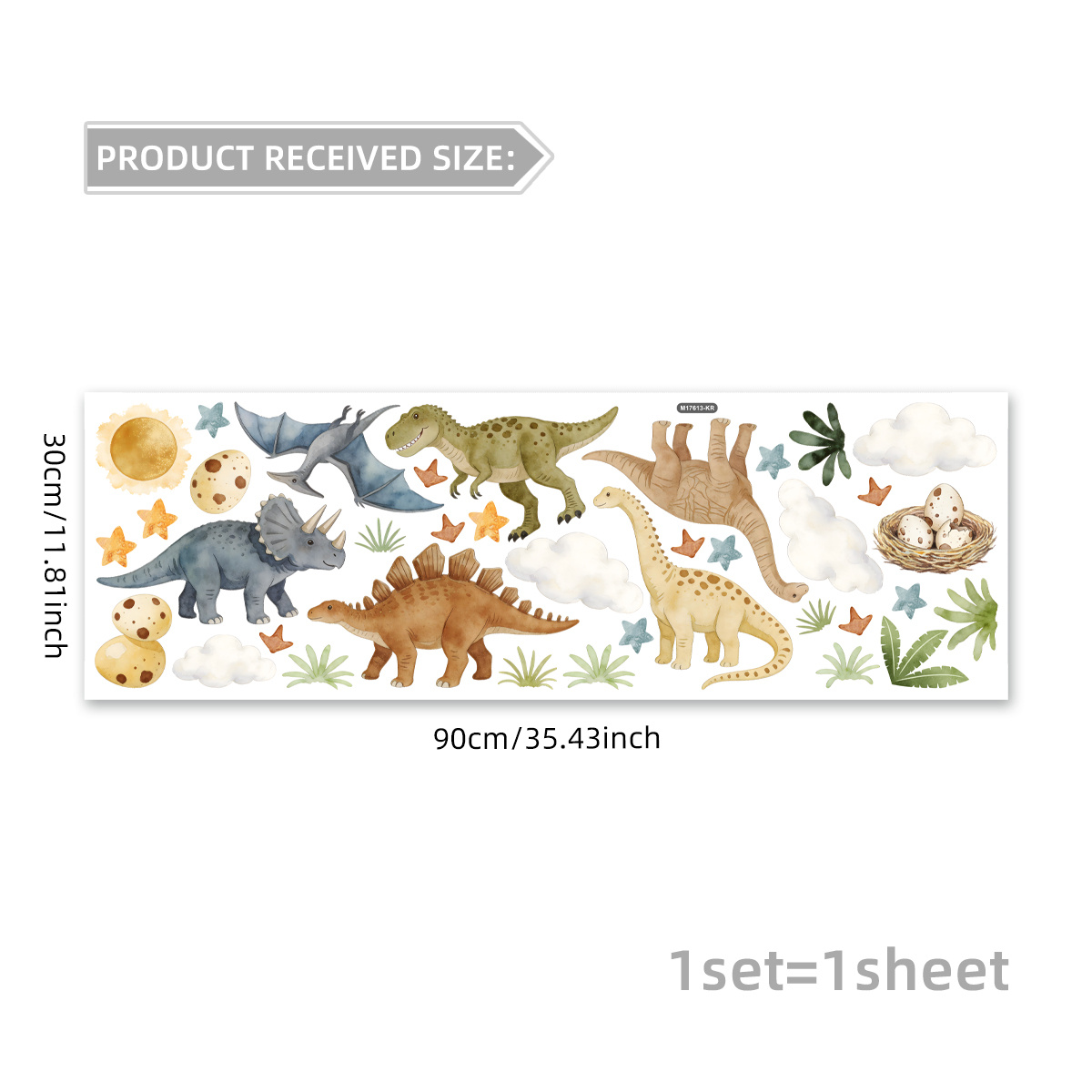 Image of Removable Wall Sticker With Hand-painted Watercolor Dinosaur Patterns (30 X 90cm), Universal For Baby Rooms For Boys And Girls, M17613-kr