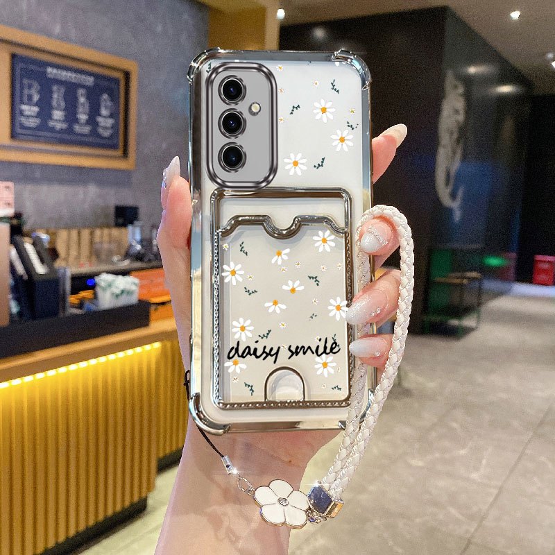 TEMU Phone Case - S25 Fe White Daisy Wechat Transparent Plating Clover Lanyard Strap Card Holder Slot Phone Case With Durable Protector Compatible