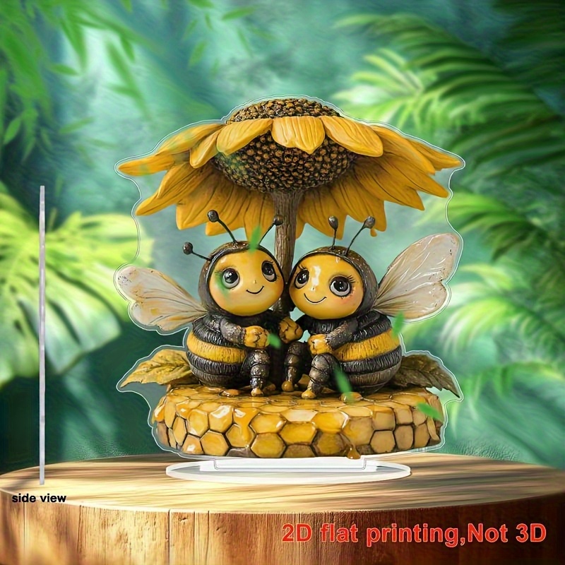 TEMU 2d Flat, 1pc Adorable Bee Couple Figurine - Flat Suitable For Bee-themed Wedding/birthday Gift, Acrylic Bee Statue For / Decoration, Desktop &