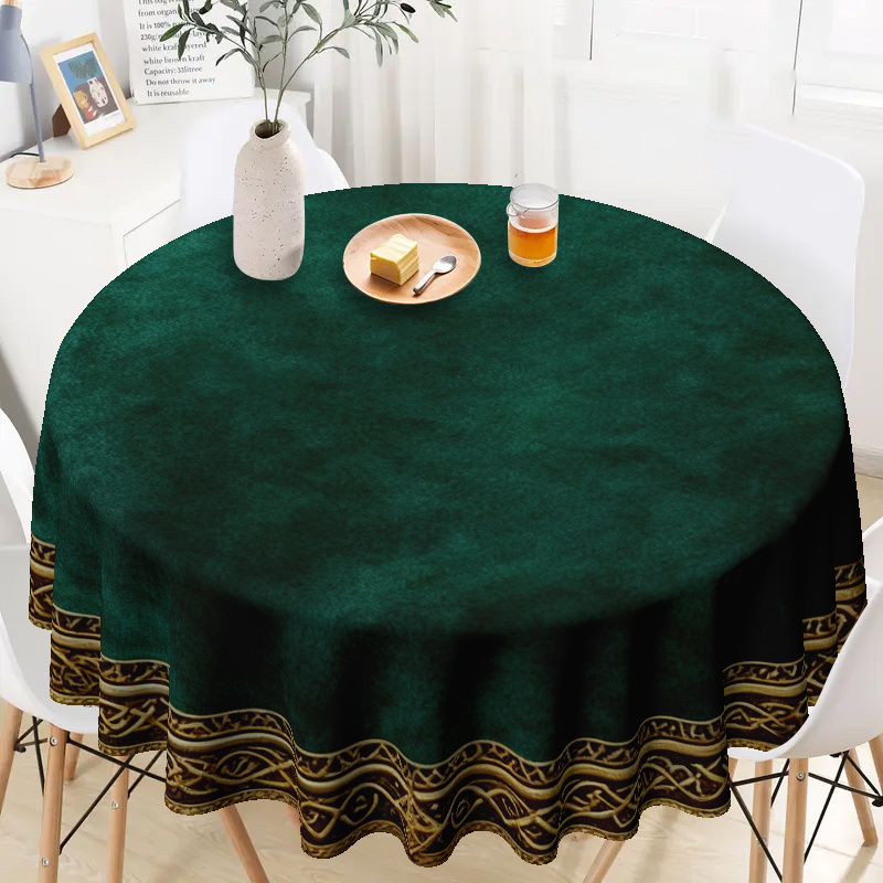 TEMU 2d Flat Print Round Circular Tablecloth, 1pc Green Background With Golden Pattern Celtic Round Circular Tablecloth, 2d Cover For Home Kitchen,