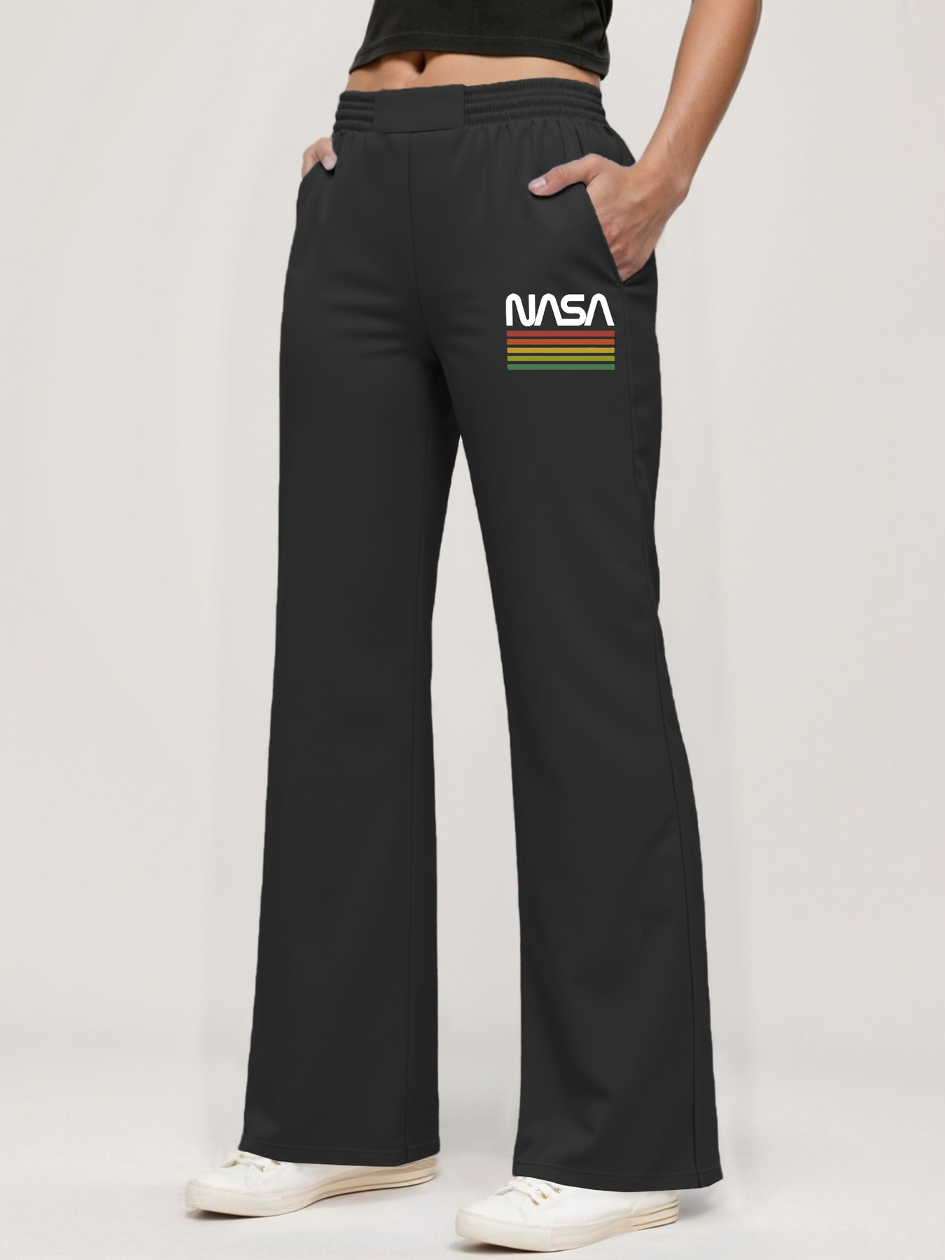 womens elegant geometric print wide leg pants pockets black