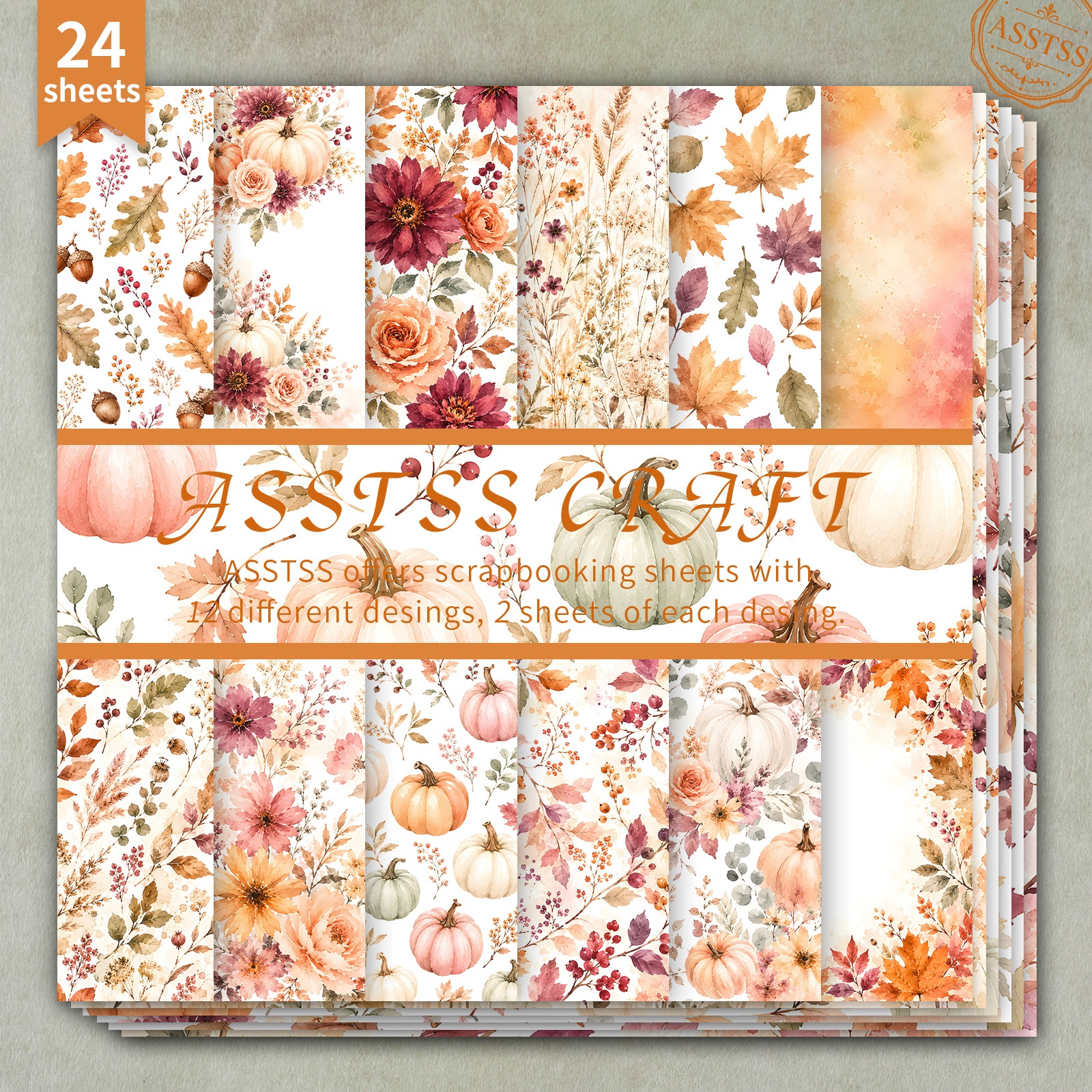 TEMU Bloc de papier de scrapbooking ASSTSS 24 feuilles 6*6 pouces, fournitures de papier de support style aquarelle avec citrouille d'automne, rose,