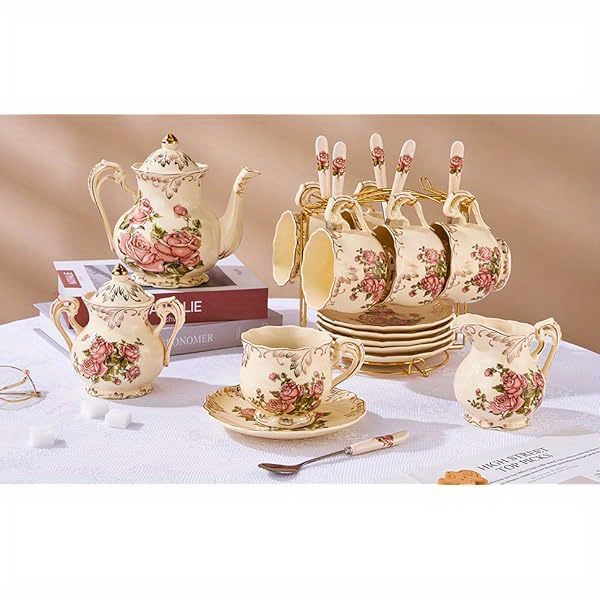   vintage floral tea cup and saucer set - elegant ivory &   pattern, 8oz ceramic tea service with saucer & spoon - elegant gift for women, wedding, birthday, housewarming -   set for afternoon  , dainty   in soft pink & golden, dishwasher safe &,   home decor   Product details 0