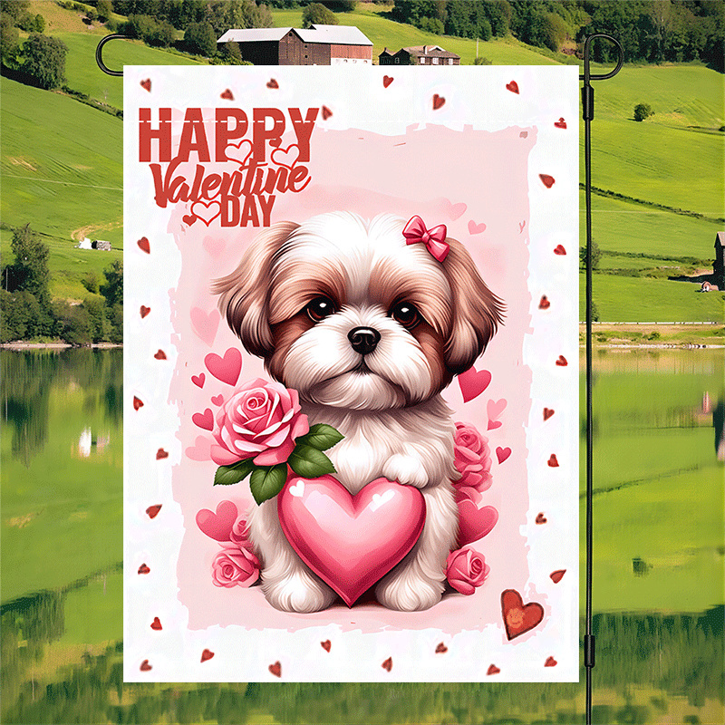 

1pc Valentine's Day Shih Tzu Dog Garden Flag - Double-sided Polyester, Fade-resistant, , Washable Outdoor Patio Decor, 12x18 Inches