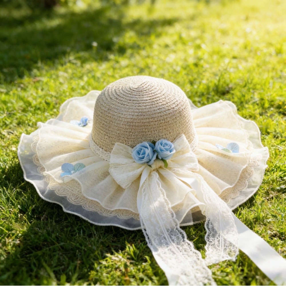 Image of 2026 Women's Beige Floral Straw Hat, Wide-brimmed Beach Hat With Blue Ruffles, Sun- And Versatile, Suitable For Vacations, Travel, And Casual Attire