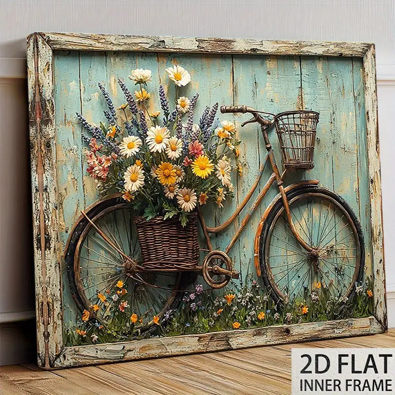 TEMU 2d Flat, 1pc Shabby Wall Art - Vintage Country Landscape Painting With Wooden Background Suitable For Living Room, Kitchen Decor, Farmhouse