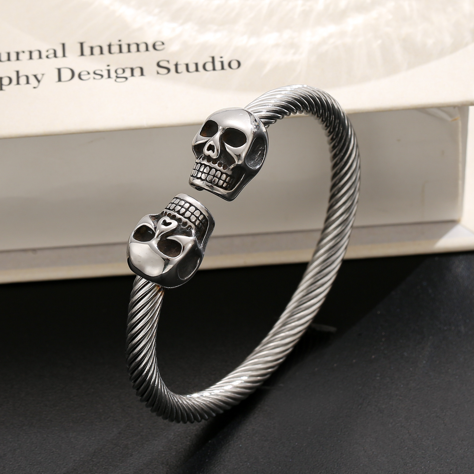 Image of Men' Gothic Cable Twist Skull Cuff Bracelet - Polished Black Stainless , Retro Edgy Style Suitable For Daily Wear, Gift For Fashion, Accessory For Gothic Enthusiasts