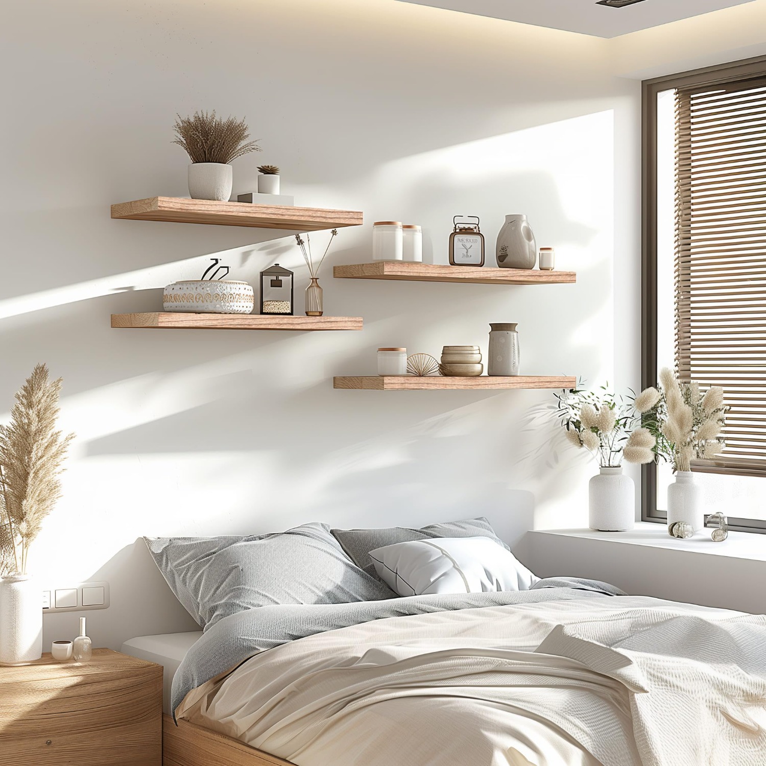 4pcs Floating Shelves Wall Mounted, Sturdy Wood Wall Shelf, Rustic Storage Rack For Living Room Bedroom Kitchen Bathroom Office Home Decor, Floating Shelves