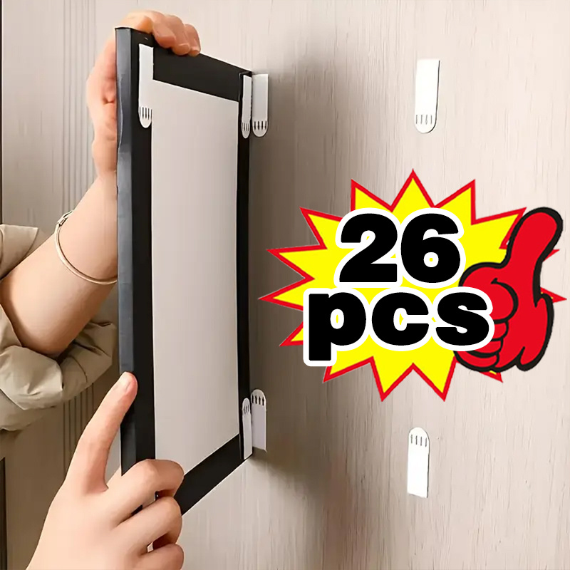 TEMU 26pcs Heavy-duty No-drill Waterproof Wall Hooks With Removable Adhesive Suitable For Drywall And Photo Walls, Pvc Picture Frame Hanging Strips,