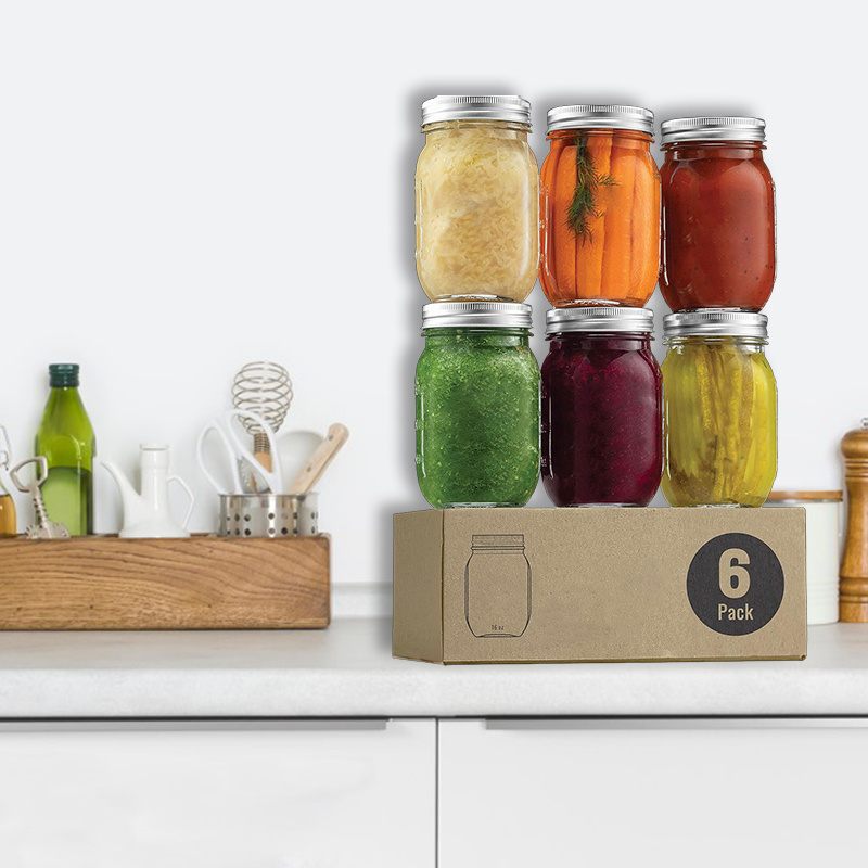 E-shop 6er-Set 16oz Einmachgläser mit Luftdichten Schraubdeckeln & Verschlussbändern - Wiederverwendbare Glasbehälter mit Normalmund für Einmachen,