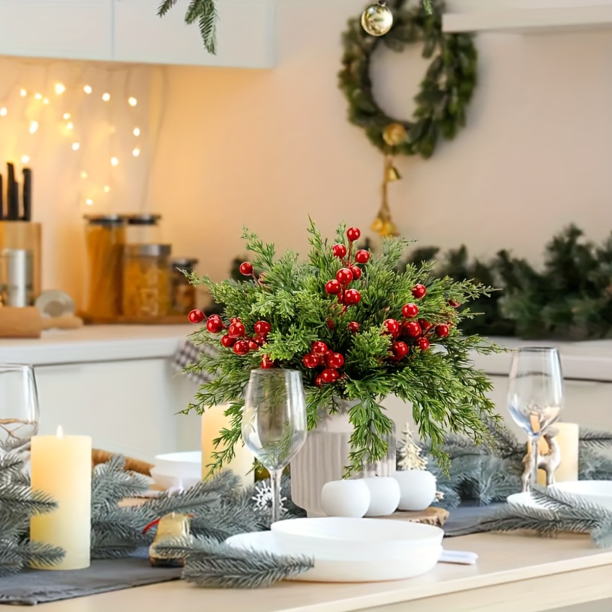 item picture 16pcs artificial pine branches with red berries christmas greenery floral picks for wreaths table centerpieces christmas tree new year and   decorations