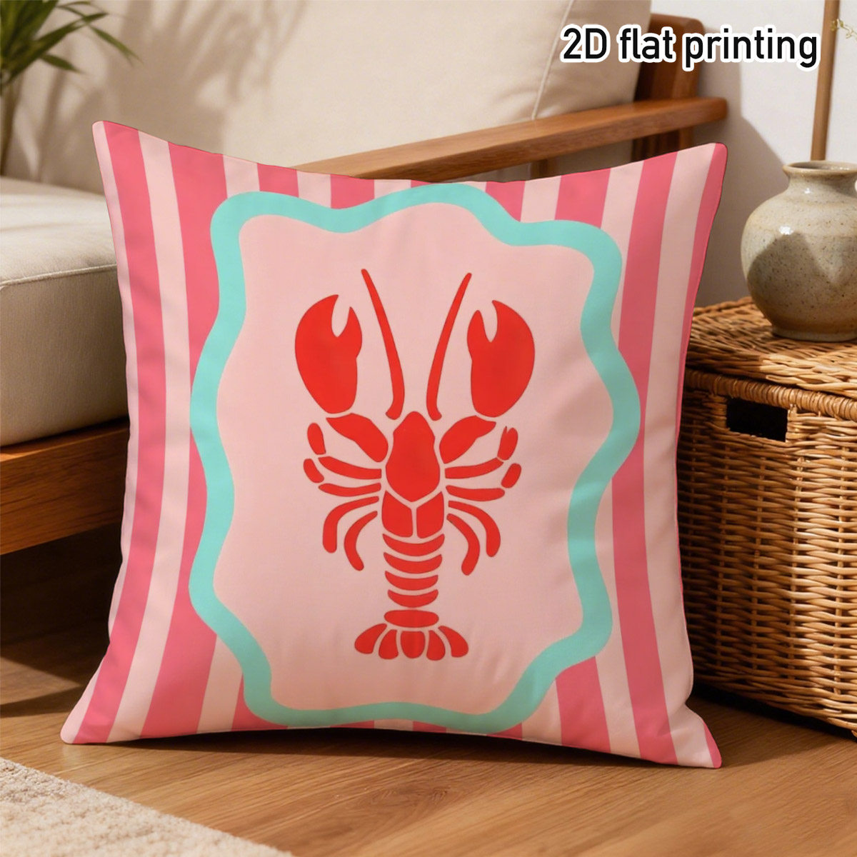 TEMU 1pc Throw Pillow Covers, Duplex Prints With Vibrant Seafood Design On Pink Striped Background, Durable Polyester Fabric, Zipper Closure, Home