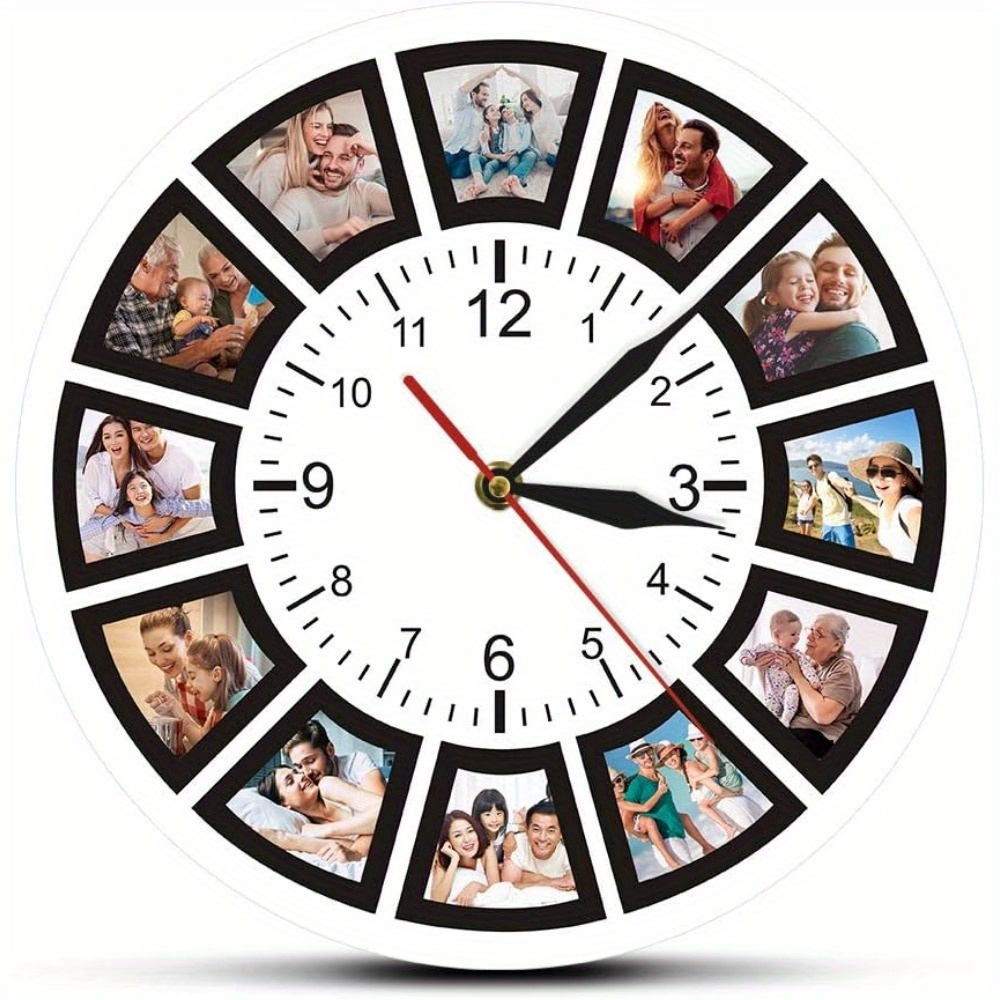 TEMU 10-12 Inch 10 Photo Collage Wall Clock - Family Photo Album, Silent No Tick Round Wood Clock For Living Room, Bedroom, Office - Customizable