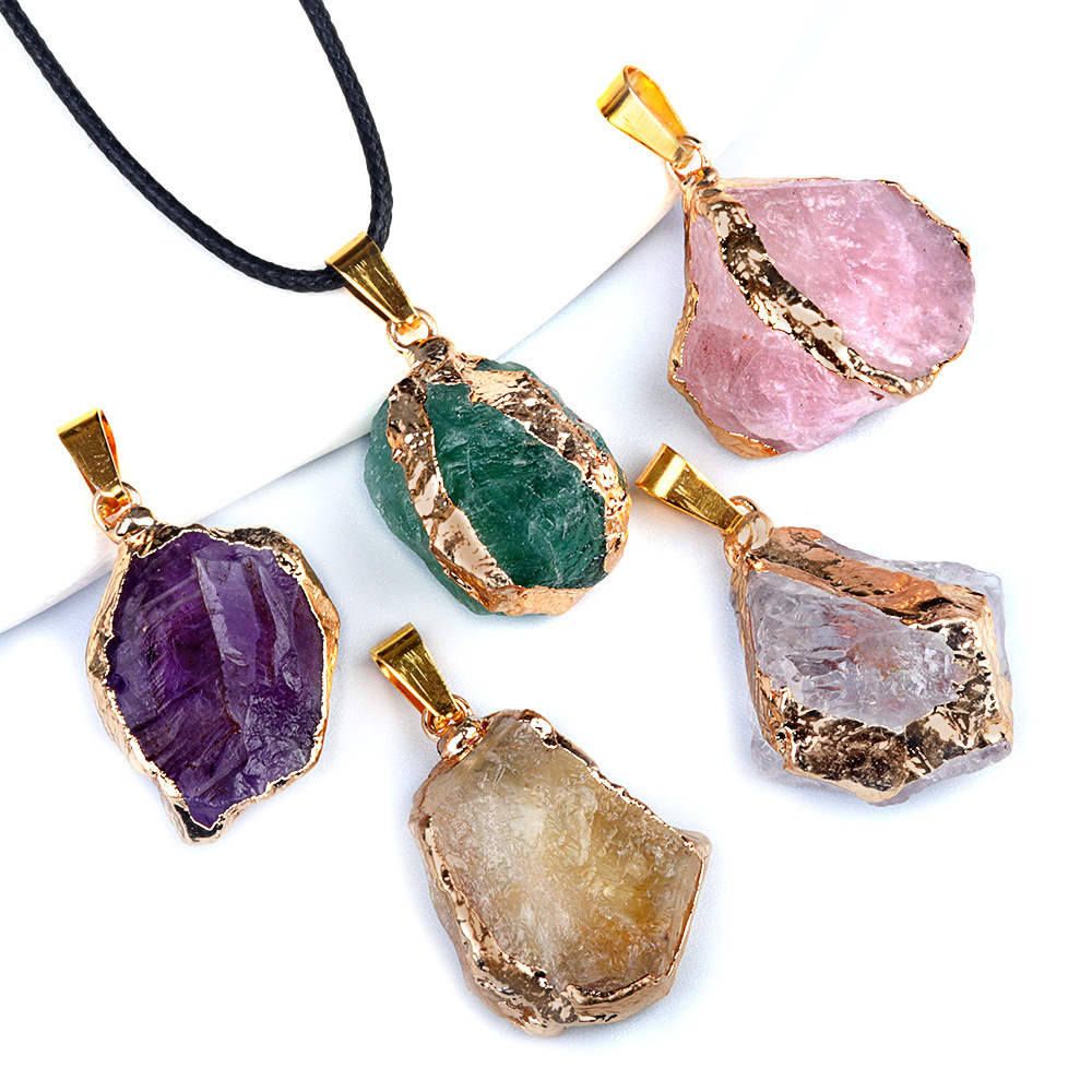 

5pcs Set Of Natural Amethyst & Crystal Pendant Necklaces - 25-, Unique Irregular Shapes With Golden Accents, Parties & Gifting, Thanksgiving-ready, Thanksgiving