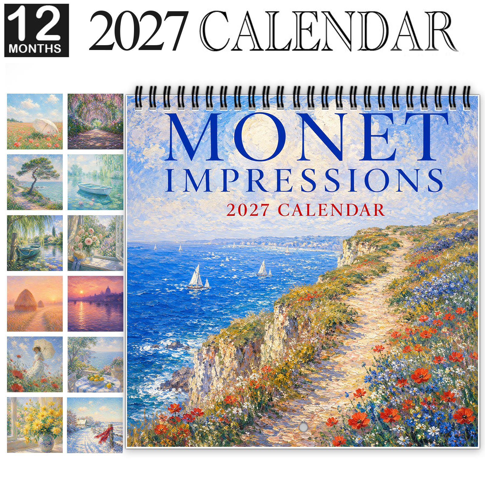 TEMU 1pc 2027 Wall Calendar, Spiral-bound 12-month Calendar With Large Date Blocks, Features Soft Light, Blooming Gardens, Water Scenes And Romantic