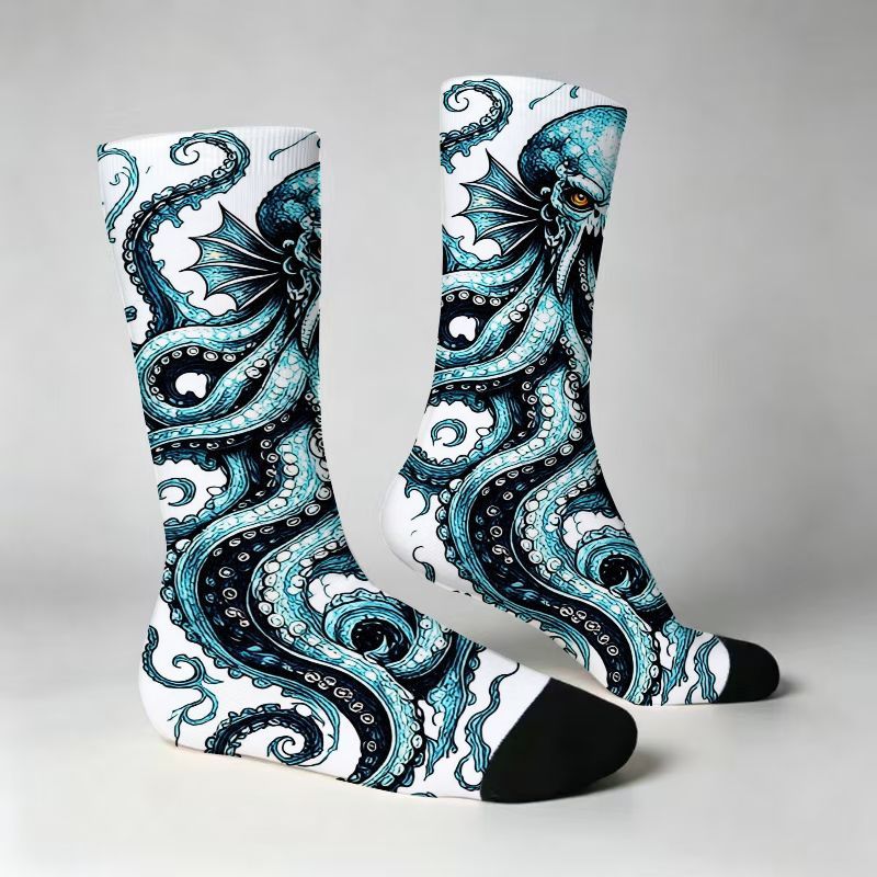 TEMU Octopus Print Crew Socks, Teal Blue Sea Creature Design With Large Eyes And , Detailed Pattern For Men Women, Soft Breathable Casual Daily Wear