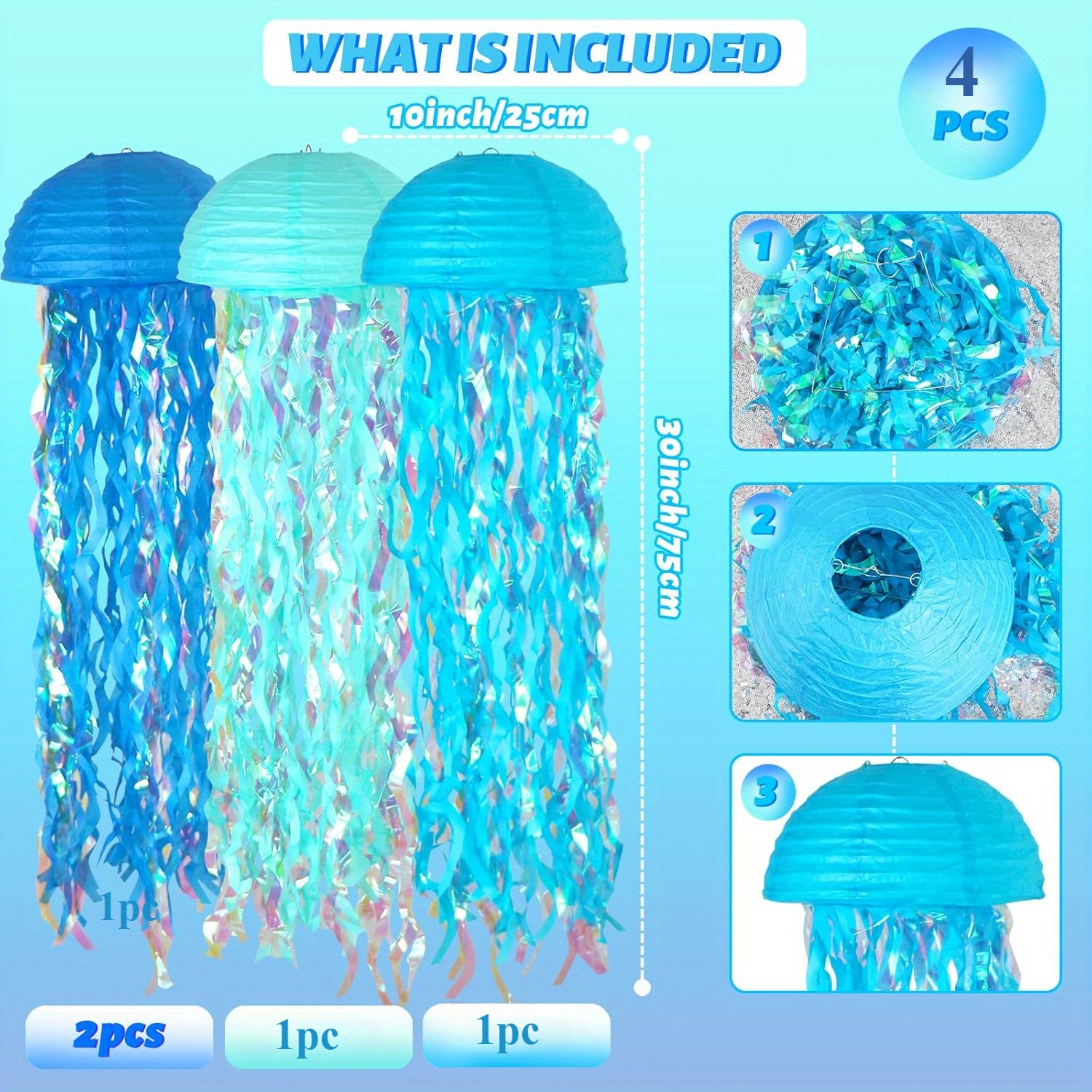Image of 4pcs Blue Hanging Jellyfish Paper Lanterns, Gradient Colorful Paper Lanterns For Mermaid Theme Party Under The Sea Ocean Birthday Decorations Baby Shower Baby Room