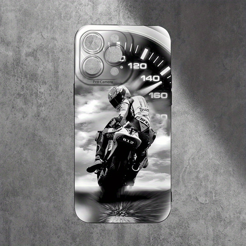 TEMU Phone Case: Black Phone Case With Motorcycle Rider & Dashboard Pattern, Creative Cartoon Design, Black Angel Eye Frosted Tpu Protective Case,