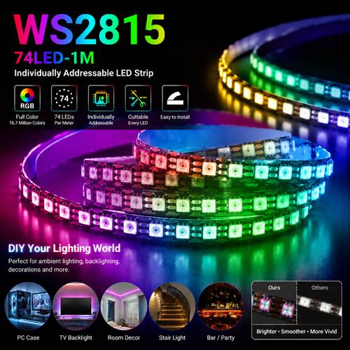 74LED-WS2815 12 RGB LED Strip Light, Featuring a Built-In WS2815 Chip And a 4-Pin Connector. Supports Changing And Individual LED Control. Ideal for Indoor String Lights, Parties, Birthdays
