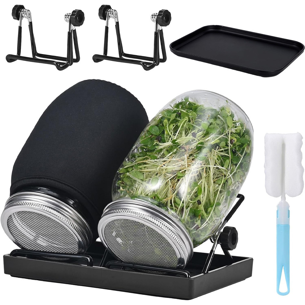 2pcs 1000ml Large Wide Mouth Sprouting Jar Kit With Blackout Sleeves, 2pcs Large Jars Screen Lids Stand Tray For Mung Beans Broccoli