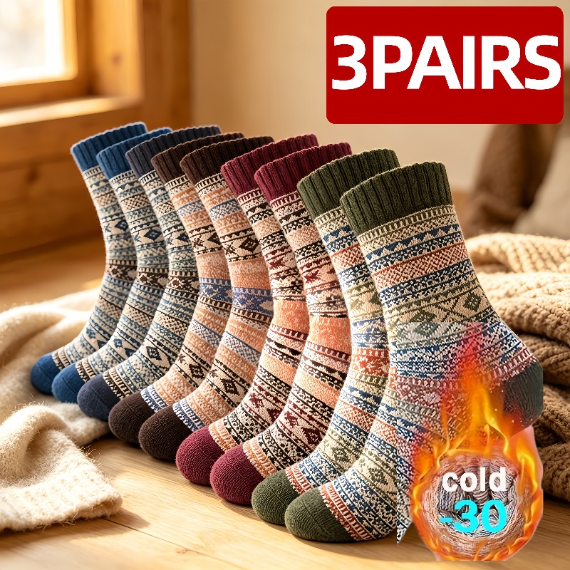 TEMU Vintage Winter Thick Warm Socks 3-pair - Random Colors - Soft, Comfortable, And Warm, Suitable For Cold Weather Outdoor Sports, Skiing, Hiking,