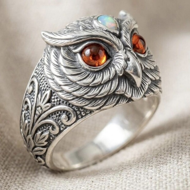 TEMU Retro S Pure Silvery Owl Ring, Unisex, Vintage Animal , Inlaid Sparkling Synthetic Zirconia As , Unique Statement Jewelry, Suitable For Daily