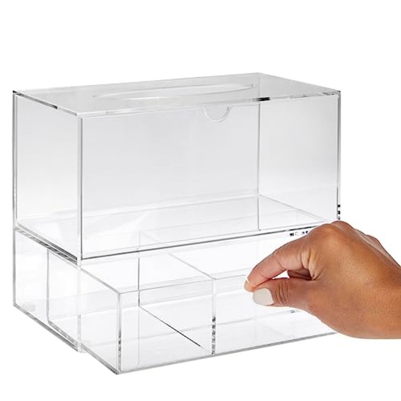 1  tissue box holder with 3-drawer organizer - heavy-duty modern rectangular dispenser with pull-out drawers, space-saving bathroom/vanity cabinet storage, fits standard tissues & caddy systems, 9.3” wide, 3-compartment drawer, dust-resistant & hygienic design, minimalist white frame & clear panels, multi-functional organizer for tissues, swabs, balls (1 unit), decorative tissue box holder, tissue holder bathroom, tissue box with storage, tissue box holder for car, Product details 3