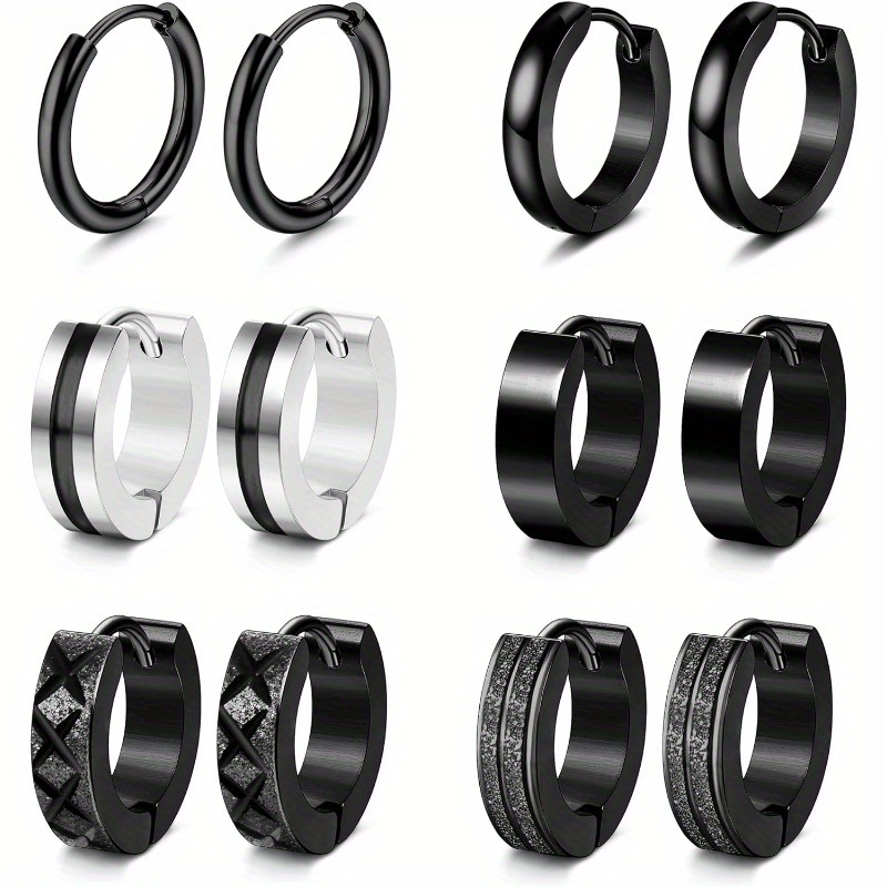 Image of 6 Pairs Men Earrings Hoops Huggie Earrings Set 316l Stainless Steel Earrings Classic Small Hoop Earrings Helix Earrings Piercing Jewellery Sleeper Earrings Black Hoop Earrings For Men Women