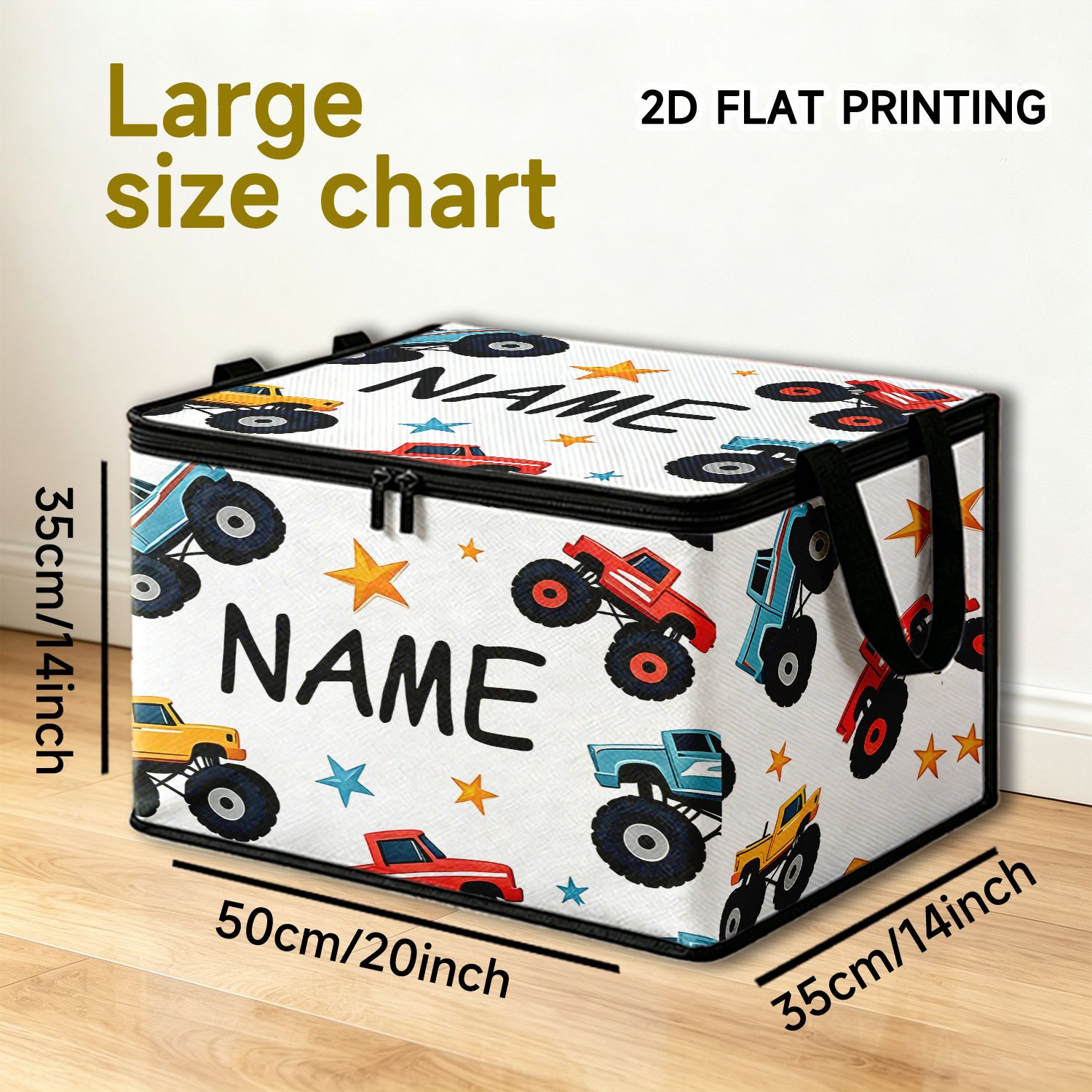 TEMU 1pc Large-capacity Name Monster Truck Storage Box With Name/text, Foldable Lid Suitable For Blanket, Oxford Cloth Box For Room,, Closet, Gift -