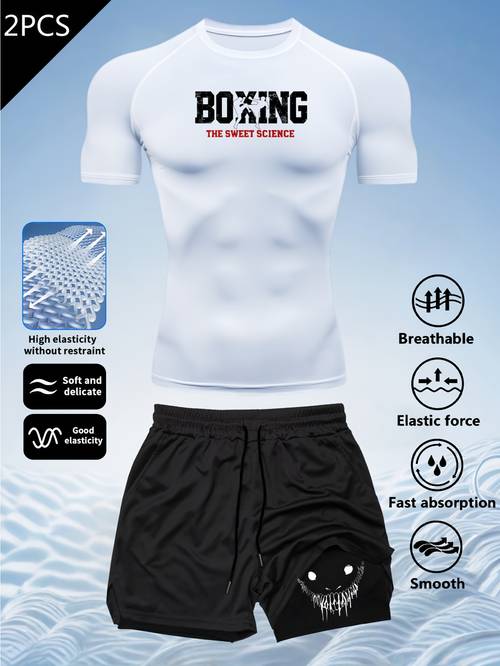 2025 mens fit two piece set short sleeve double layer shorts indoor outdoor round neck lightweight sports t shirt with creative print quick dry fitness running hiking basketball training double layer sports shorts boxing training outfit