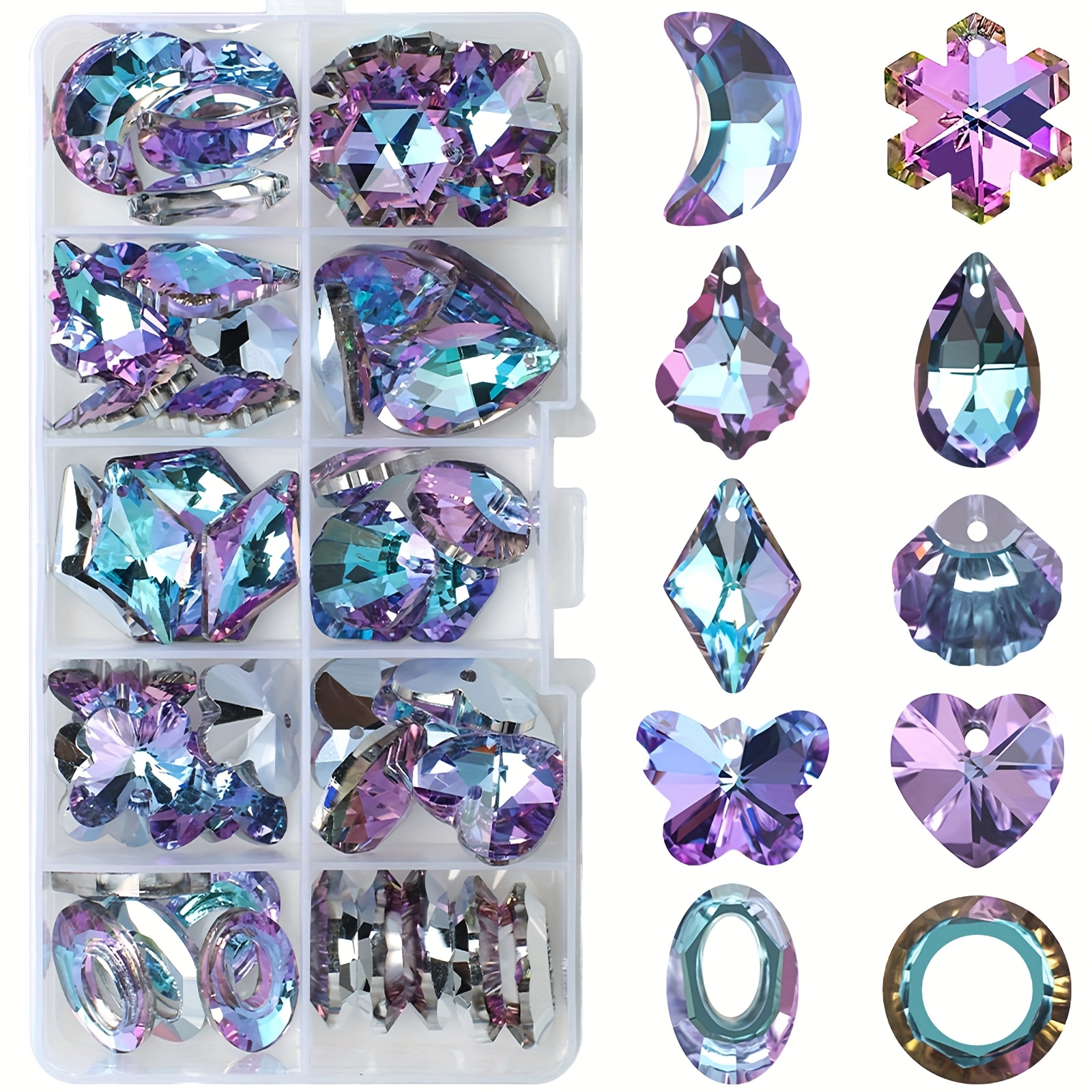 E-shop 50er Set große Glasperlen, inklusive 50 Kristall-Sonnenerfassern - Mehrfarbige Prisma-Anhängerperlen, Lila, Grün, Klar, Rosa, Braun, Golden, Rot