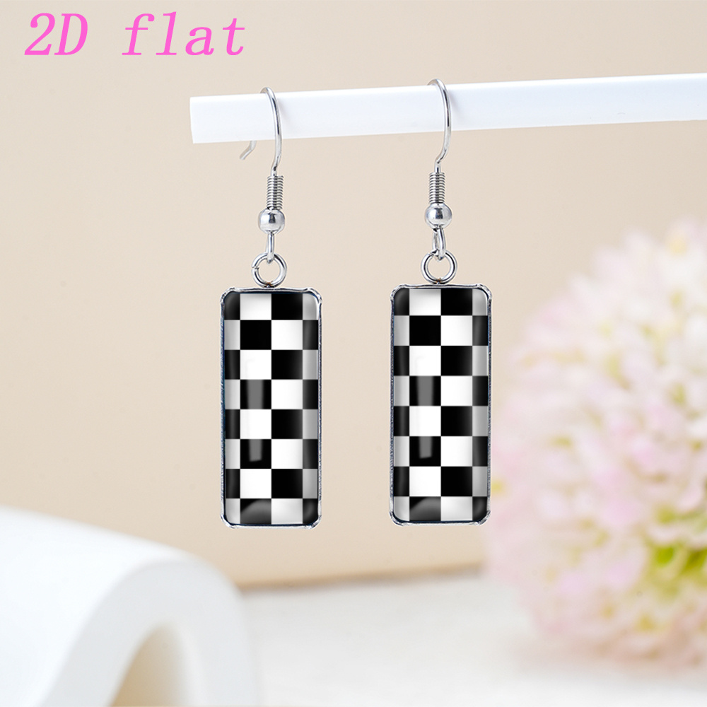 TEMU 2d Flat, 1 Pair Of And White Checkerboard Pattern Time Gem Glass Rectangle Earrings, Fashion Earrings, Hypoallergenic Stainless Steel Ear Hooks,