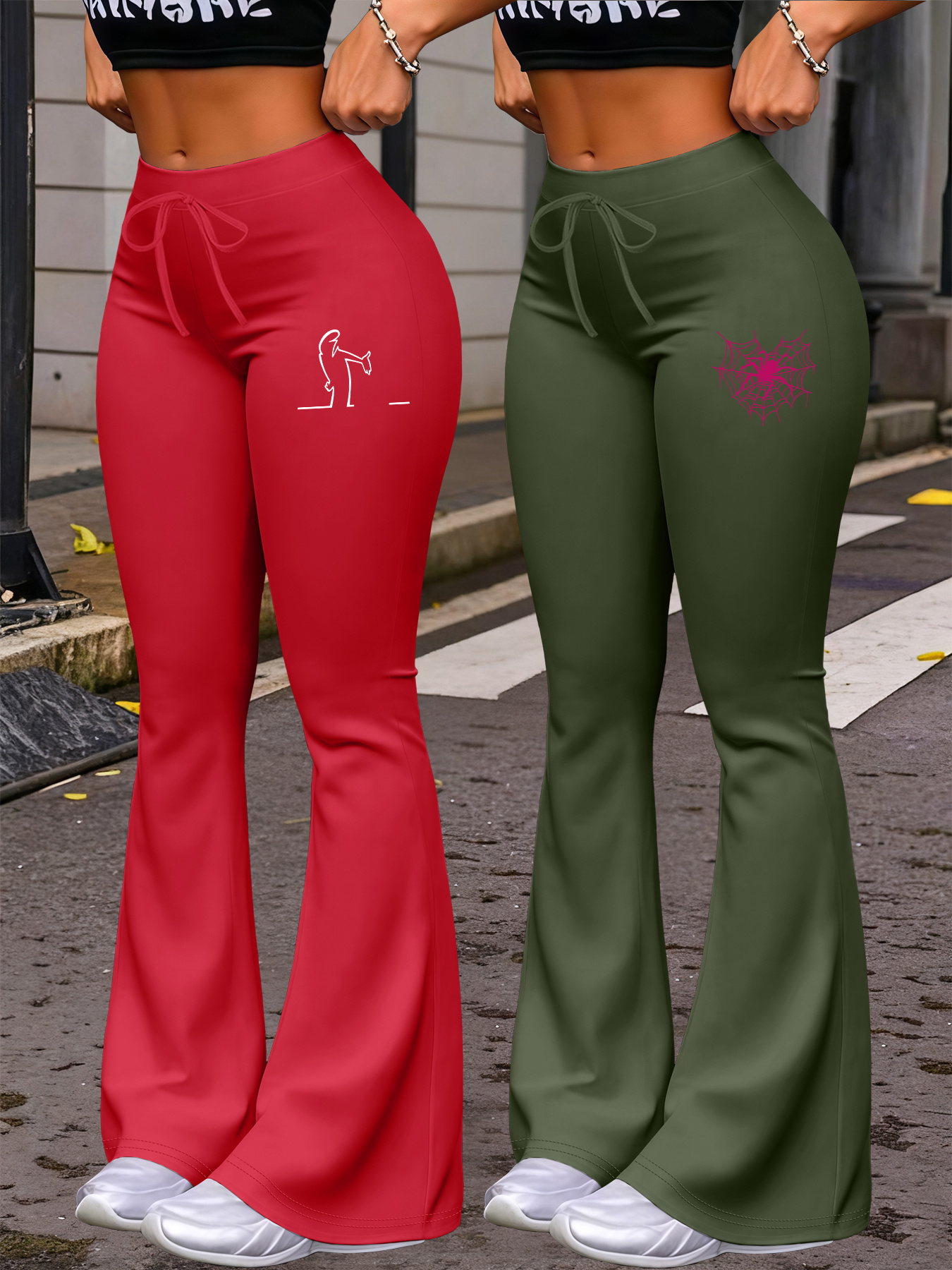 New Autumn Women's Clothing from Europe and America, Featuring Cartoon Line Art Animal and Spider Web Print Patterns, for Daily Casual Wear. Includes Two Pairs of Comfortable, Slim-Fit, Stretchy Fiber Fabric Straight-Leg Tapered Pants with Drawstring