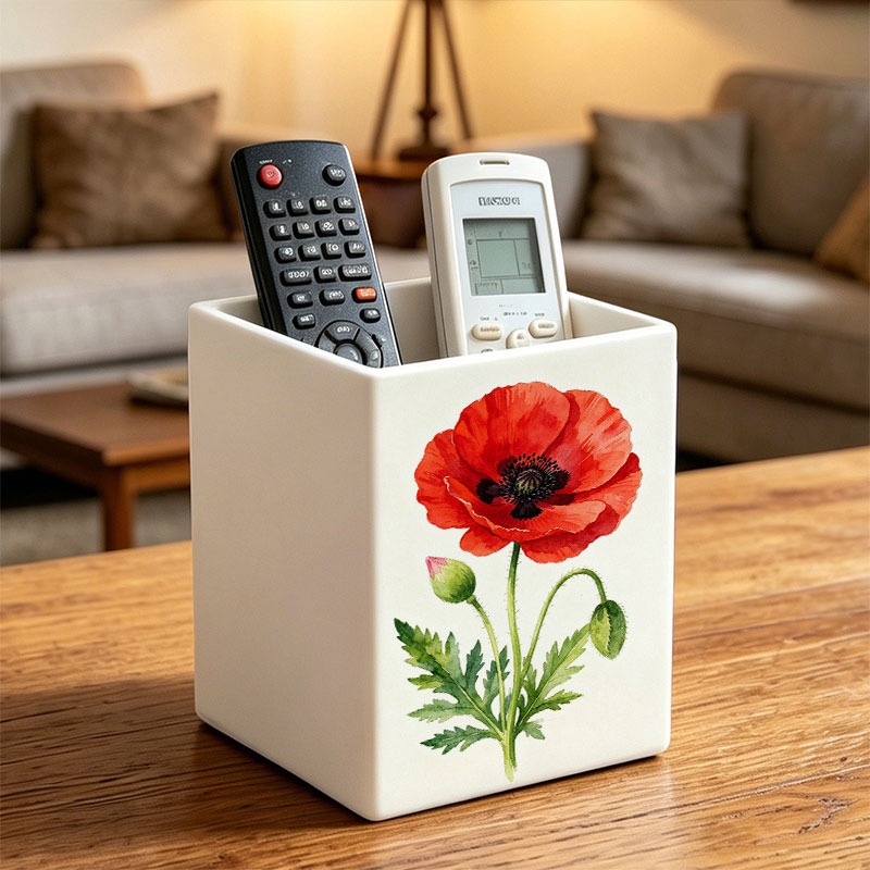 TEMU 1pc Red Poppy Flower Multi-functional Storage Box, Desktop Organizer For Makeup Brushes, Pens, Remotes, Tableware, And Small Items, Space-saving