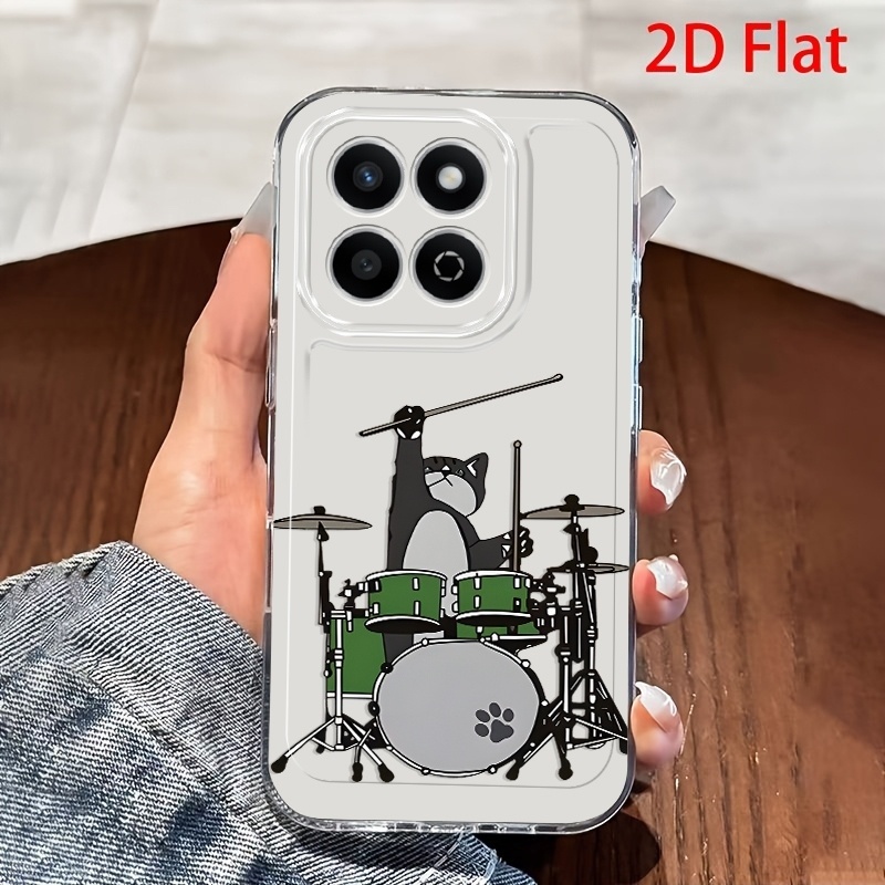 품목 사진 휴대폰 케이스 -   2019 honor 400 lite 70 p30 pro   y9 prime (2019) 8a 보호 커버용 2d 플랫 디자인, 발자국이 있는 기발한 만화 고양이 드럼 연주 인테리어 음악 장면 그린 그레이