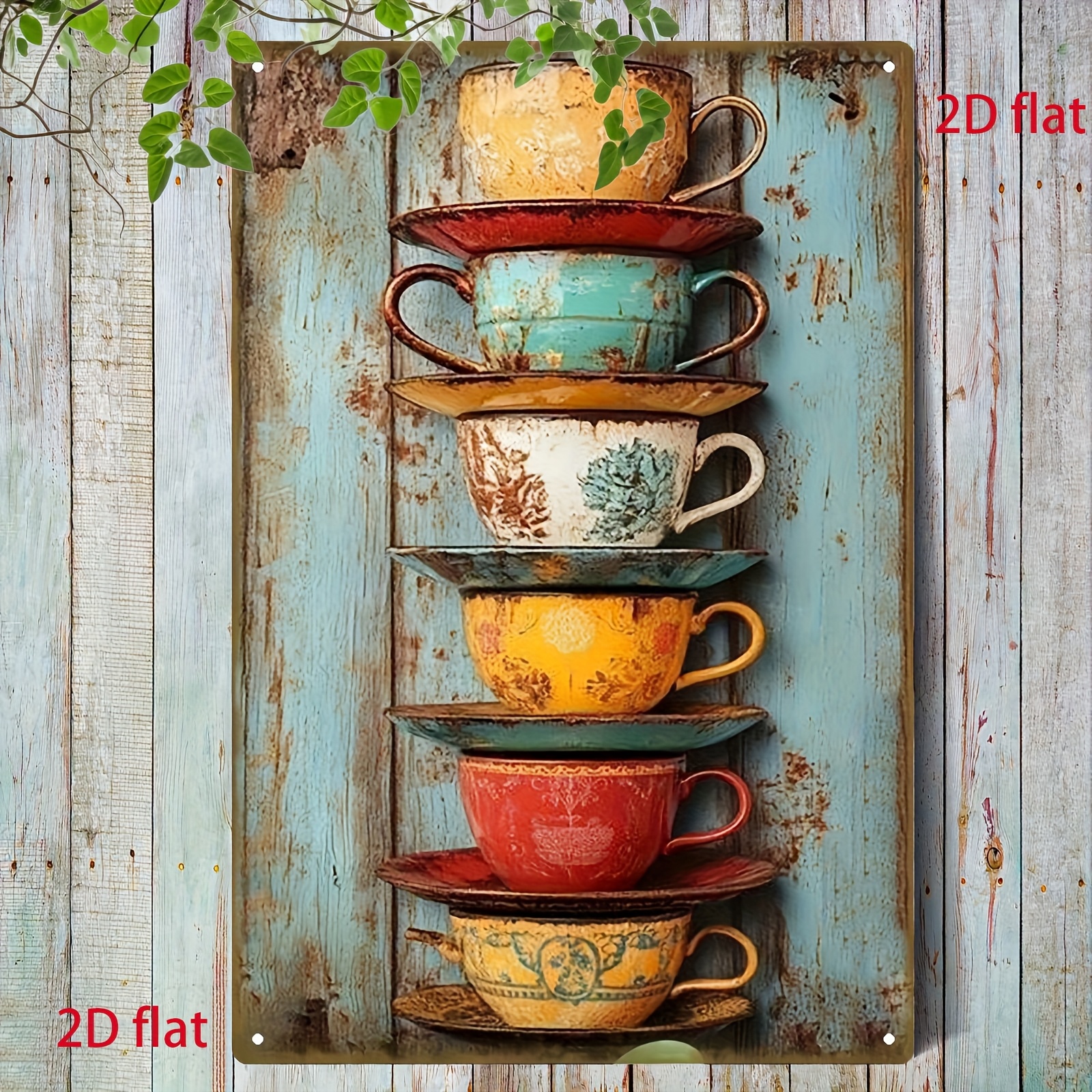 TEMU 2D Plat - Plan 2D, 1pc de Pendentif en Bois Vintage, Peinture sur Tôle de Tasses et Soucoupes Empilées Vintage, Peinture de Décoration Murale de