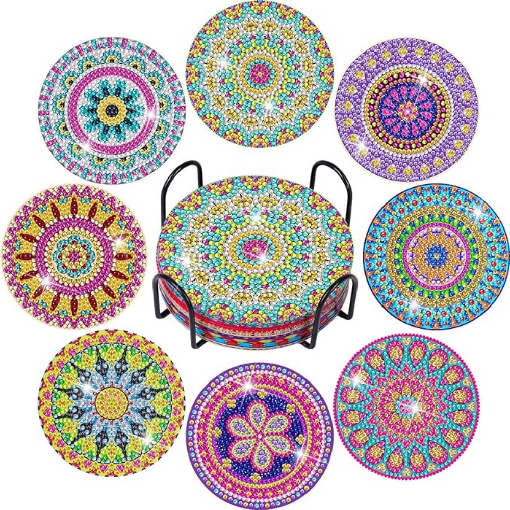 8pcs/set Of Diamond Painted Coasters Set Mandala Coasters (with Holder) - Diy Craft Kit For Home Decoration Beginners, Diamond Craft Supplies, Art Craft Supplies Gifts