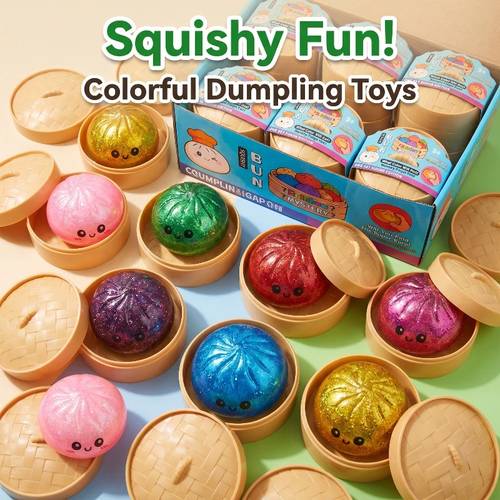 6pcs set random 2 bun 2lid 2base mini cute dumpling stress balls with steamer box kids multi item party favor packs colorful slow rising squeeze fidget toys hand desk toy kids birthday gift