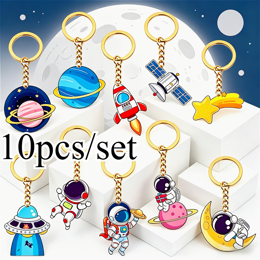 TEMU 2d Flat - 10pcs 2d Acrylic Planet Keychain Set, Astronaut Pendant, Astronomy Enthusiast Gift, Unisex, Car Key Chain, Backpack Charm, Couple