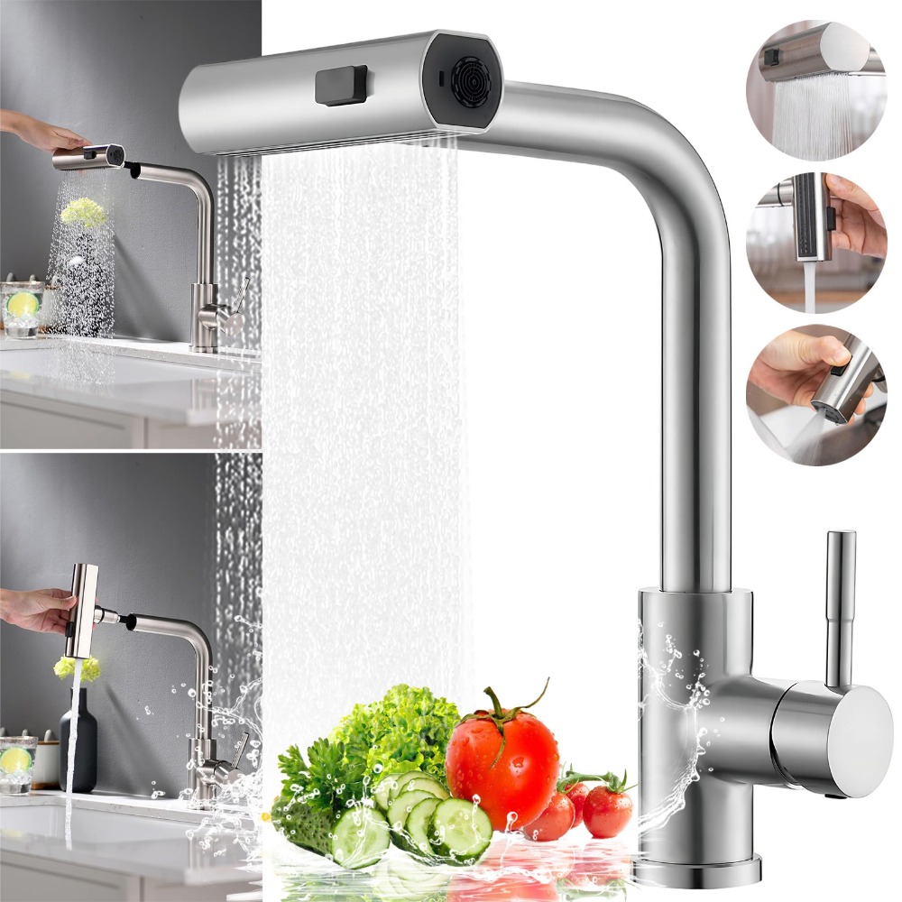 Image of Brushed Stainless Steel Tap With 3 Spray , 360 Degree Rotating Spout, Flexible Swivel Sink Faucet For Kitchen And Bathroom, And Clean